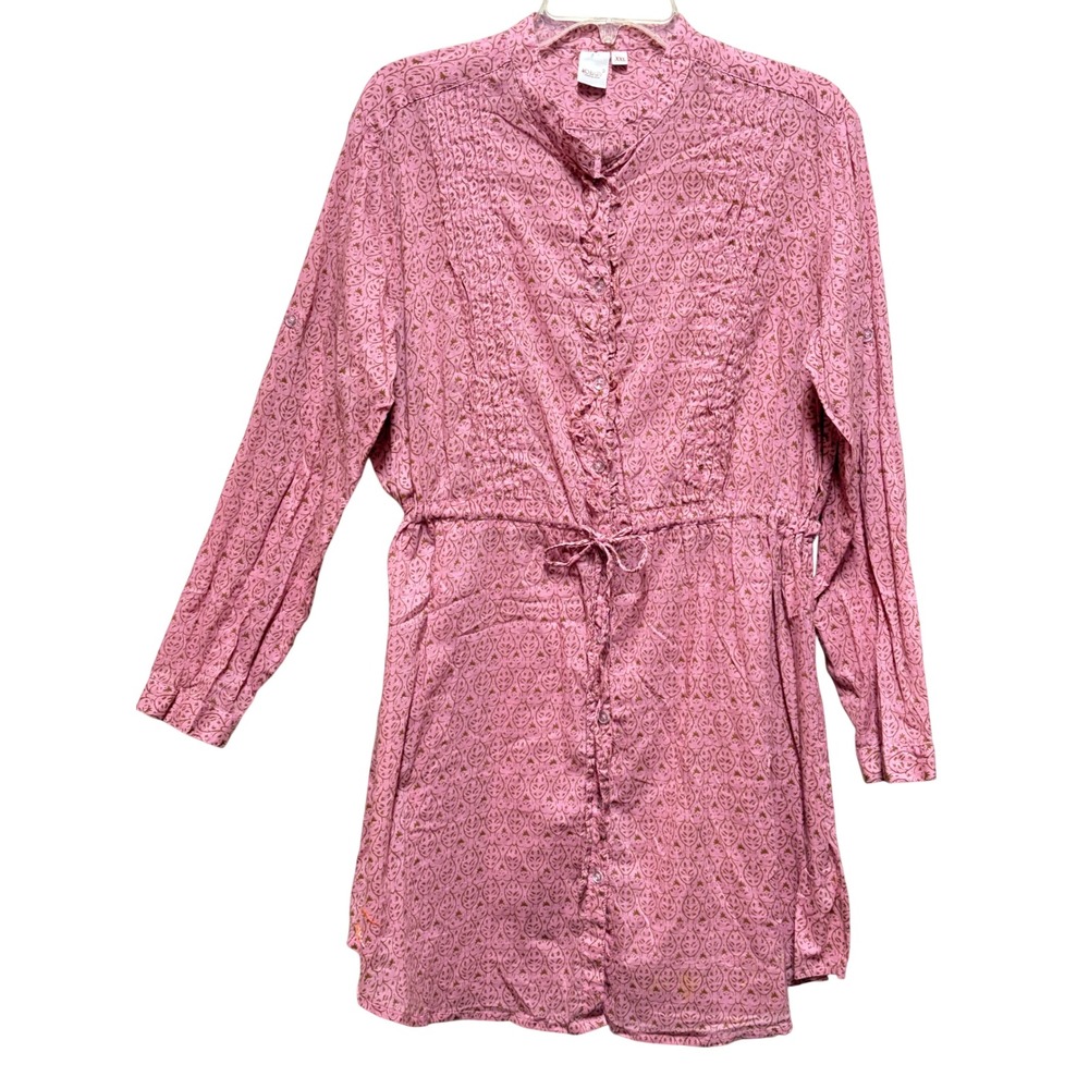 Yo Baby Pink Block Print Ruffle Button Front Drawstring Tunic Dress XXL